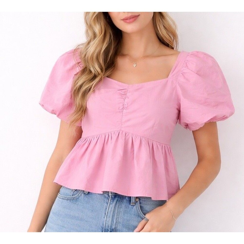 Old Navy Womens Medium P Shirt Crop Coquette Milkmaid Puff Sleeve Smocked Pink